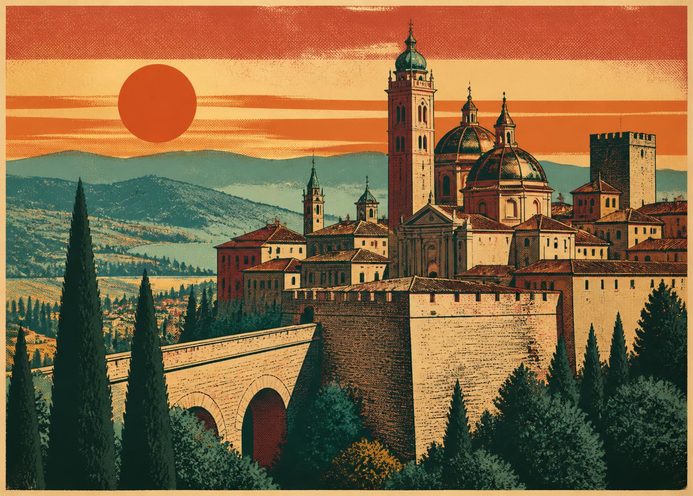 Poster illustration of Bergamo Città Alta at sunset
