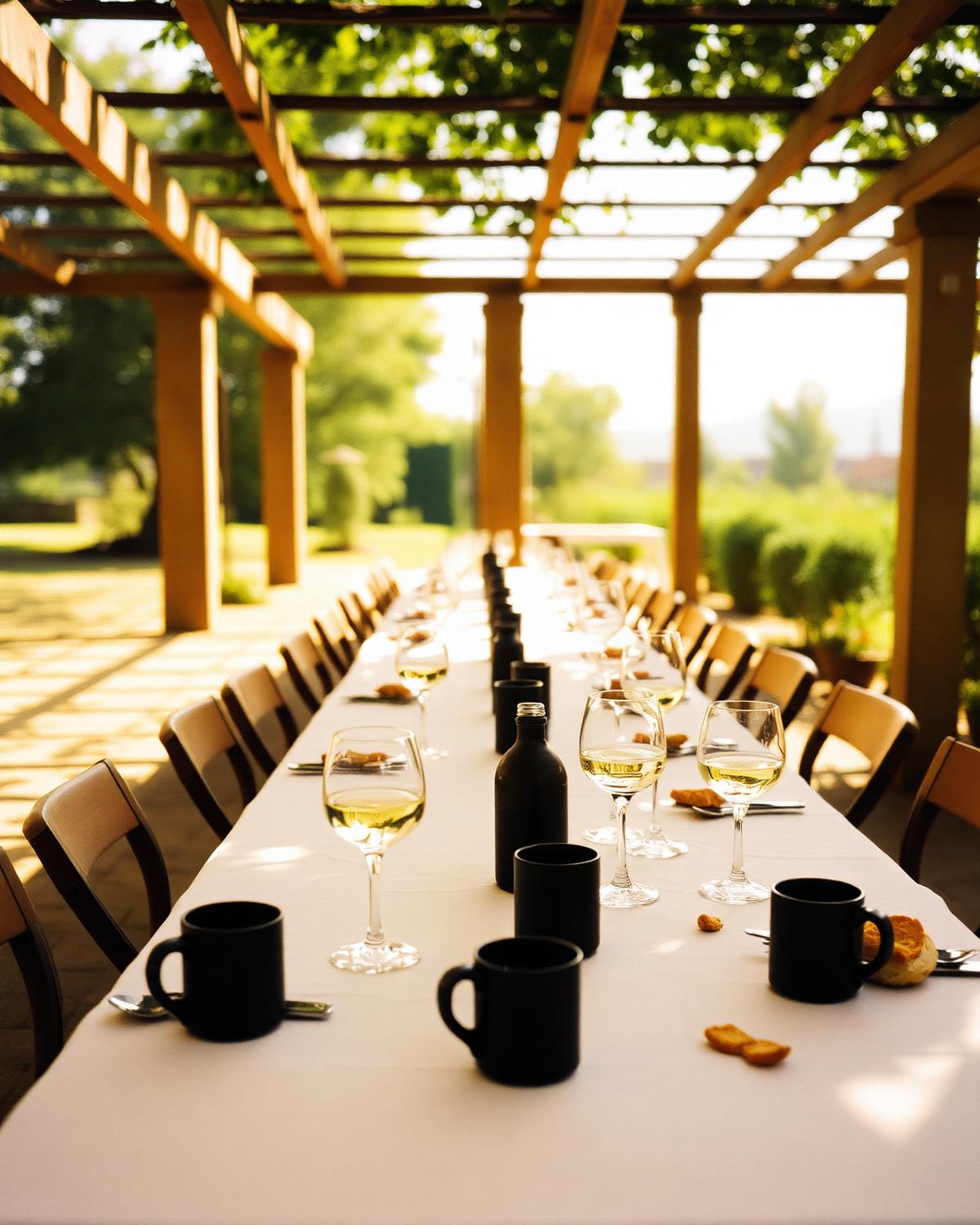 A long Italian lunch table laid beneath a pergola